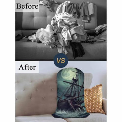 Swono Octopus Drawstring Closure Dirty Clothes Bag Organizer, Heavy Duty Large Laundry Bag, Sailboat Ocean Kraken Night Scene Rip-Stop Bags for Camp Travel, Oxford Cloth Machine Washable, Pirate Ship - color: Octopus