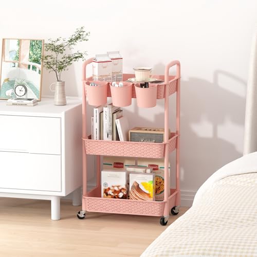 MOYIPIN 3-Tier Plastic Rolling Utility Cart with Handle,Pink - color: Pink, size: 3-Tiers with cups