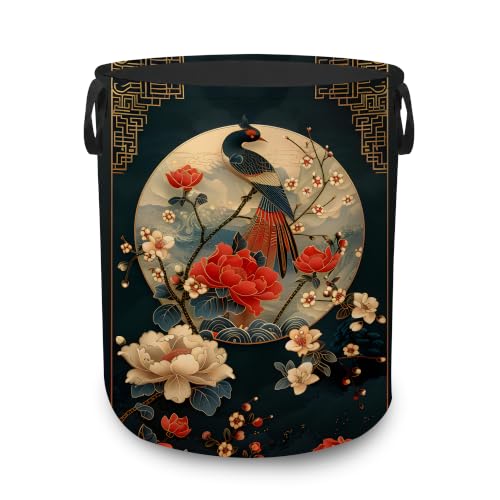 Laundry Hamper,Oriental Crane Bird Collapsible Laundry Basket with Handles,Retro Peony Floral Waterproof Oxford Cloth Clothes Organizer for Bedroom Bathroom Dorm Nursery,16 x 20 Inch - color: Oriental Crane Bird,Retro Peony Floral