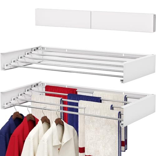 Wall Mounted Drying Rack 31.5", Foldable Laundry Drying Rack with Stainless Steel Rods, Retractable Laundry Space Saver for Indoor & Outdoor Use, Include Wall Template - color: White, size: 31.5" Wide