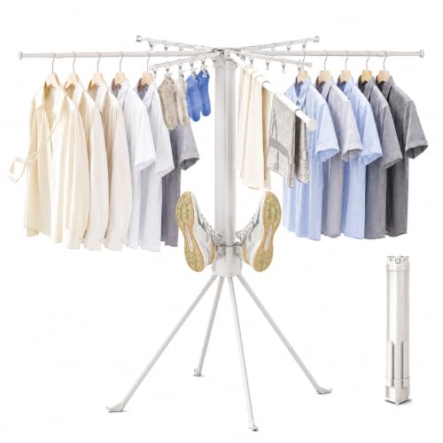 Foldable 4-Legged Clothes Drying Rack, Extra Stable Heavy Duty Laundry Drying Rack with Sock Clips & Shoe Holders, Large Capacity Collapsible Drying Stand for Indoor Outdoor Use
