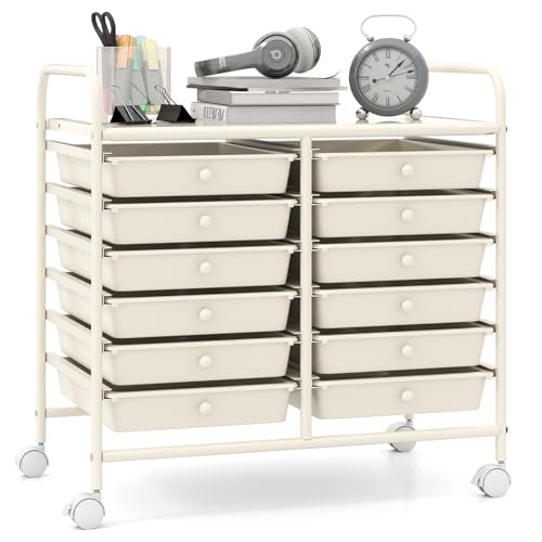 Giantex 12 Drawers Rolling Cart, Mobile Storage Drawer Cart, Classroom Organizer Cart for Office School Supplies Tools Scrapbook Paper Craft Small Printer, Utility Cart on Wheels, White - color: White, size: 12 Drawer-25”x15”x24.5”