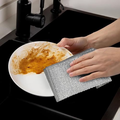 Double-Layer Steel Wire Cleaning Cloth - Non-Scratch Wire Dishcloth Rag Heavy Duty Scrub Pads Multi-Purpose Silver Mesh Scouring Pads for Dishes, Pots, Pans (10 pcs)