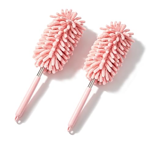 2 PCS Car Interior Duster with Extension Pole, Microfiber Bendable Head Telescopic Cleaning Tool, Scratch Free for Vehicle Interior & Exterior, Universal for Most Cars, Trucks, SUVs (Pink)
