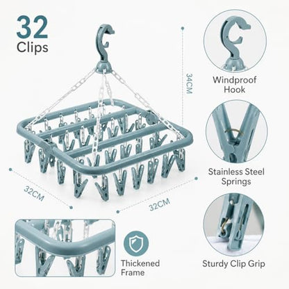 32-Clip Hanging Drying Rack, Thickened Plastic Windproof Clothes Hanger with Clips, Foldable Sock Drying Rack for Underwear, Clothes, Towels and Small Laundry, Indoor Outdoor Laundry Hanger (Blue) - color: Blue