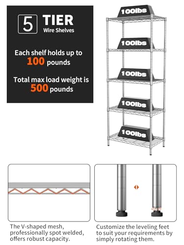 SINGAYE 5 Metal Shelves Wire Shelving Storage Shelf Adjustable Unit Pantry - color: Grey, size: 5 Tier 12"Dx22"Wx59"H