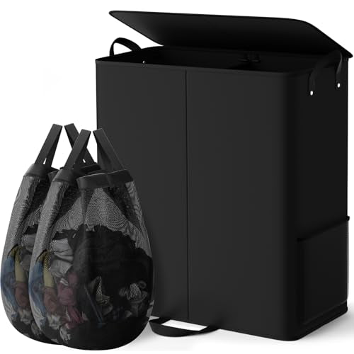 155L 2 Section Laundry Hamper with Lid, Laundry Basket, Black - color: Black, size: 155L