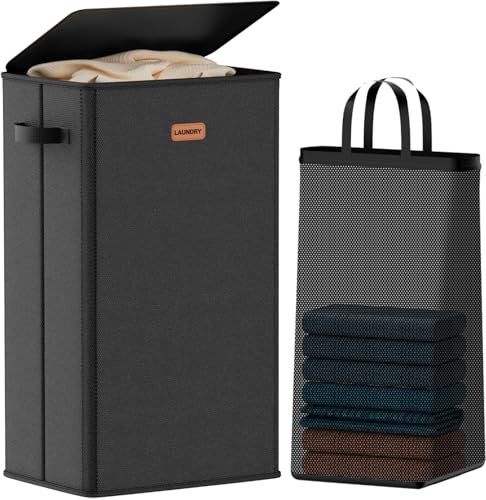 100L Laundry Hamper with Lid, Large Clothes Hampers with Removable Bag, Collapsible Laundry Basket for Bathroom, Bedroom, Laundry Room, Dorm, Black - color: Black, size: 26.4 Gal - 1 Section