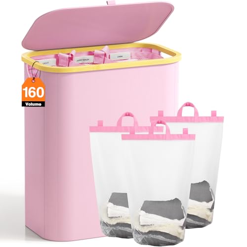 Hampers for Laundry Basket with Lid, 160L Large Laundry Hamper 3 Section - color: Pink, size: 160L