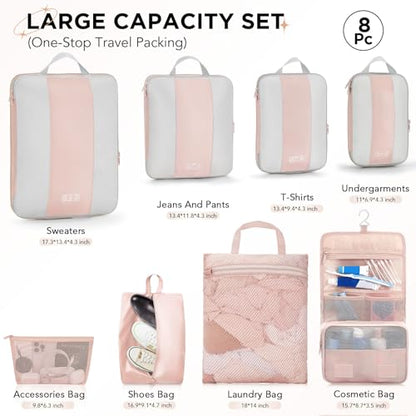 OlarHike 8 Set Compression Packing Cubes for Travel Gifts Mom Women,Airplane/Car/Cruise Travel Essentials,Compressible Expandable Space Saver Bags,Garment Bags with Over 1000 pcs Mesh Holes(Beige) - color: Beige