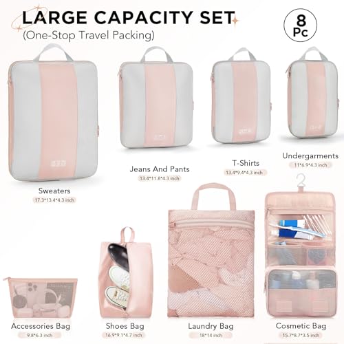 OlarHike 8 Set Compression Packing Cubes for Travel Gifts Mom Women,Airplane/Car/Cruise Travel Essentials,Compressible Expandable Space Saver Bags,Garment Bags with Over 1000 pcs Mesh Holes(Beige) - color: Beige