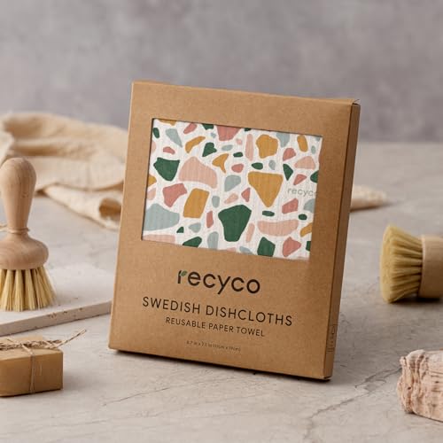 RECYCO Swedish Dishcloths for Kitchen | 5 Pack Urban Boho Terrazzo Washable Dish Rags | Cellulose Reusable Cleaning Paper Towels | Absorbent Counter Dish Cloth Sponge Kitchen Wipes, 8" L x 7" W - color: Urban Boho Terrazzo-5 Pack
