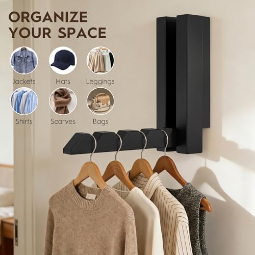2 Pack Clothes Drying Rack Wall Mounted,Space Saver Wood Wall Mounted Folding Clothes Hanger Rack for Laundry Room,Bathrooms,Closet Storage Organization,Easy to Install - color: Black