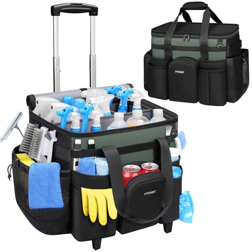 Ytonet Cleaning Caddy with Wheels, Extra Large Rolling Cleaning Caddy Bag - color: Black Green, size: X-Large