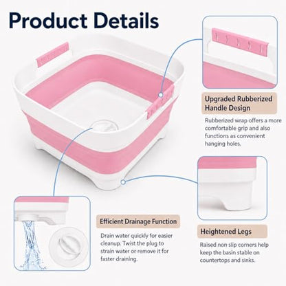 Collapsible Dish Basin with Drain Plug, 2.4 Gal 9L Foldable Wash Basin, Portable Sink Tub for Kitchen, Baby Bottles, Camping, RV, Vegetable Washing and Beverage Tub, Pink - color: Pink
