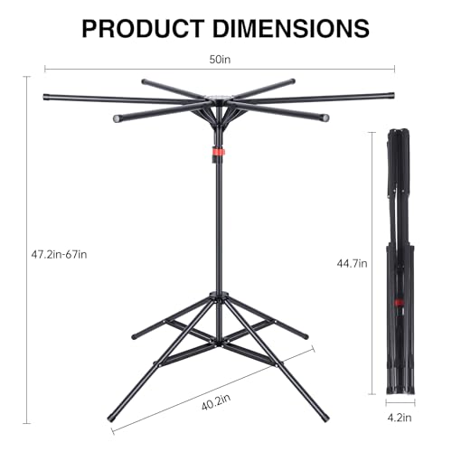4-Leg Clothes Drying Rack with 6 Adjustable Poles, 20 Windproof Hooks and 2 Sock Clips Foldable Laundry Drying Rack, Space-Saving Indoor/Outdoor Clothes No-Installation Drying Stand, Black