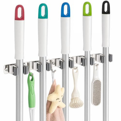 Foensc 5 Racks and 4 Hooks Mop and Broom Holder Wall Mount, Improved Non-Slip Broom Hanger Wall Mount, Self Adhesive Broom Organizer Storage Tool Racks for Home Kitchen Garden Laundry Garage