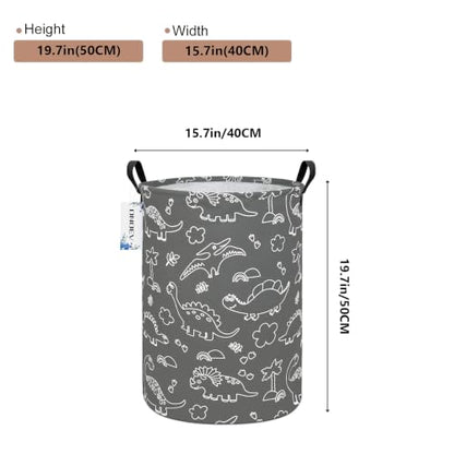 Round Dinosaur Laundry Hamper, Cotton Canvas Teen Room Storage Bin - color: Round Gray Line Dinosaur