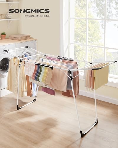 SONGMICS Clothes Drying Rack, Foldable, Heavy Duty, Space Saving - color: White, style: 2 Gullwings（22.2"D)
