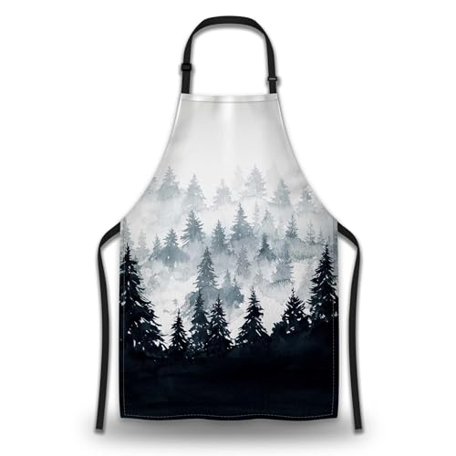 Chef Apron for Men Watercolor Mountains Landscape Trees Pinafore Aprons for Women for Kitchen Cooking Restaurant BBQ Painting Crafting 27” (W) x 31” (H), Waterproof Apron - color: Misty Forest