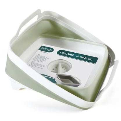FOSJGO Collapsible Dish Basin with Drain Plug, Foldable Sink, 2.4 Gal (9L) - color: Light Green