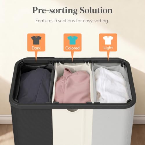 Lifewit 185L 3 Section Laundry Hamper with Lid, Black/Gray/White - color: Black & White & Gray, size: 185L