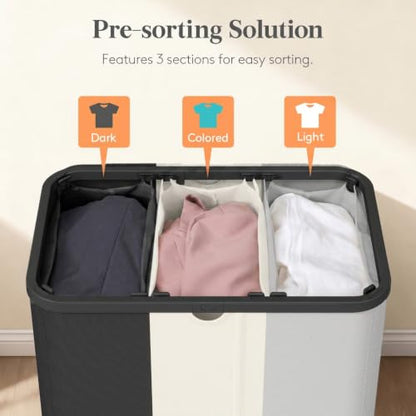 Lifewit 185L 3 Section Laundry Hamper with Lid, Black/Gray/White - color: Black & White & Gray, size: 185L