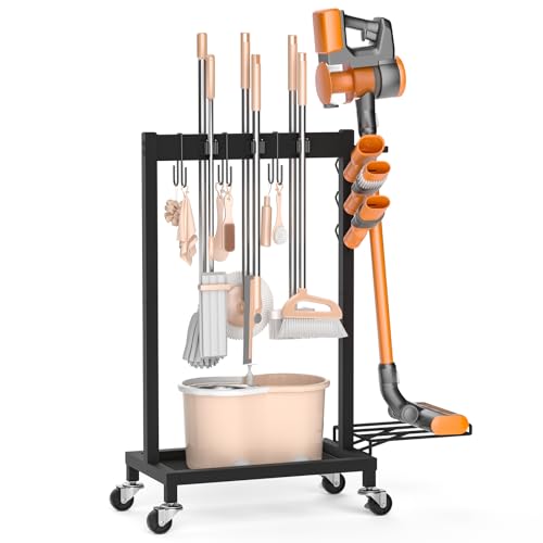 Broom Holder with Cleaning Supplies Organizer, 18" Wx11.8 Dx34.6 H - size: 18"Wx11.8"Dx34.6"H