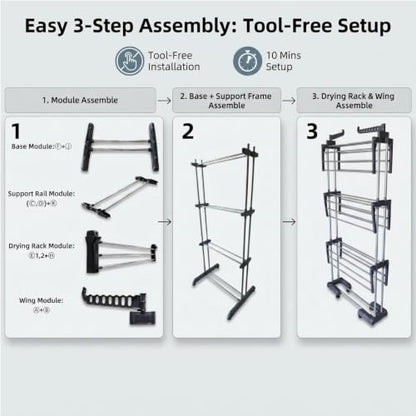 Heavy Duty Clothes Drying Rack, 4-Tier Foldable Laundry Drying Rack 70" Tall, Freestanding Stainless Steel Drying Rack with Collapsible Base & 24 Hanging Rods for Clothing, Bed Linens, Towels - Gray