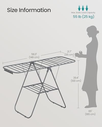 SONGMICS Clothes Drying Rack, Foldable Space-Saving Laundry Drying Rack - color: Gray, size: 1 Tier （21.7"d x 58.3"w x 39.4"h）