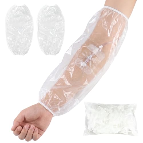 Klmnop 100 Pack Disposable PICC Line Shower Cover, Waterproof Upper Arm Sleeve for Showering, Plastic Shield Protects Bandage & Wound Fits 9-16" Arm Circumference(Clear)