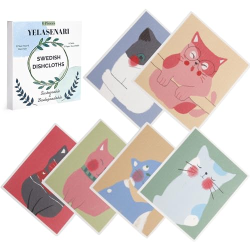 Swedish Dishcloths for Kitchen Reusable 6 Pack Kitchen Towels No Odor Quick-Drying Reusable Paper Towels Reusable Paper Towels Washable for Countertop, Sink, and Kitchen cat - color: Cute Cat