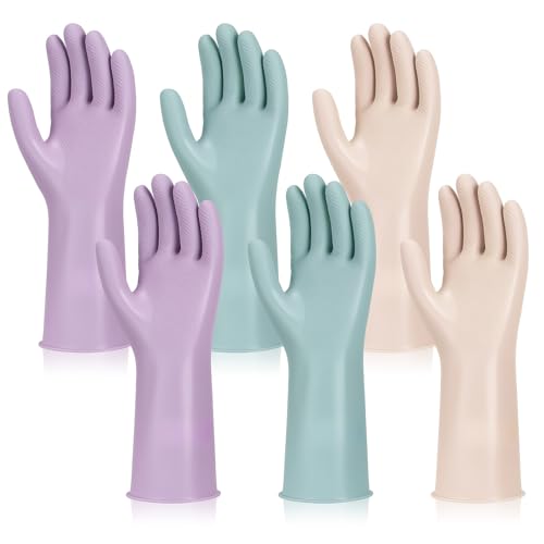 LoveBB 6 Pairs Rubber Cleaning Gloves, Reusable Dishwashing Gloves Non-Slip Kitchen Gloves for Washing Dishes & Household Cleaning- Pink Blue Purple (Medium)