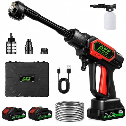 PZZ Cordless Pressure Washer, 1000 PSI Portable Power Cleaner with Dual 18.5V Batteries, 6-in-1 Nozzle & 17FT Hose, Lightweight Battery Powered Car Washer for Patio, Garden & Outdoor Cleaning (Red)