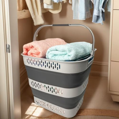 SAMMART 38L(10 Gal) Collapsible Laundry Basket - Foldable Pop-Up Storage Container/Organizer-Portable Space Saving Hamper, Measure 17.5x13.3x15.7/3.8" Expanded/Collapsed (1, Grey) - color: Gray