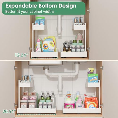 REALINN Expandable Under Sink Organizer with 6-Level Height Adjustment - color: White, size: 2 Pack