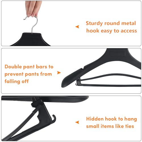 DEDU Suit Hangers for Men 50 Pack, Black Coat Hangers Extra Wide Non Slip Width 17.7", Thick Plastic with Pants Bar & Metal Hook - color: Black, size: 50 Pack