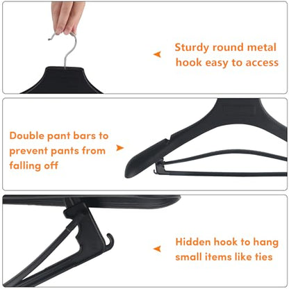 DEDU Suit Hangers for Men 100 Pack, Black Coat Hangers Extra Wide Non Slip Width 17.7", Thick Plastic with Pants Bar & Metal Hook - color: Black, size: 100 Pack