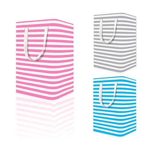 3 Pack Large Laundry Basket ，75L Waterproof,Collapsible Laundry Hamper with Extended Handles for Clothes in the Family Dorm (Blue，Grey，Pink)