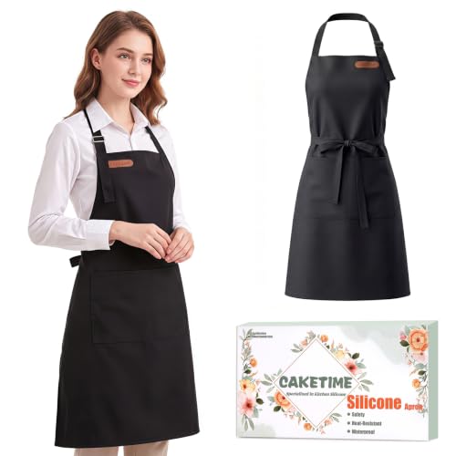 CAKETIME Colorful Aprons Made by Silicone Coated Polyester Fabric Waterproof Oilproof for Women Cooking Funny Gifts - color: Black
