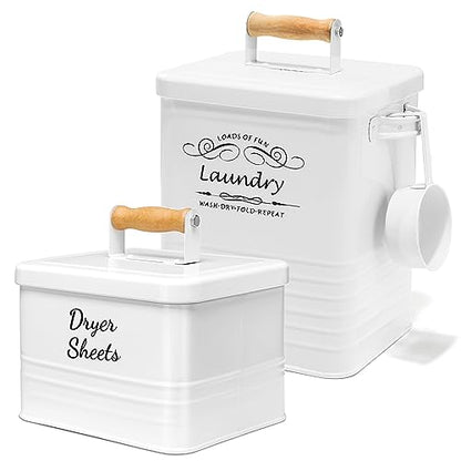 SSTATES Laundry Room Organization Set, Metal Laundry Detergent Pods Container and Dryer Sheet Holder with Lid, Laundry Powder Storage Bin with Scoop for Farmhouse Decor, (2 Pack, White)