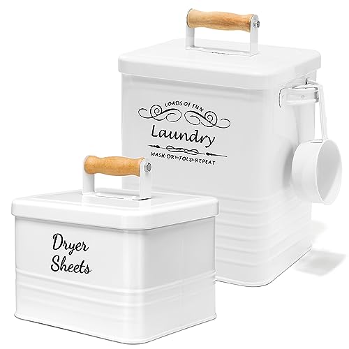 SSTATES Laundry Room Organization Set, Metal Laundry Detergent Pods Container and Dryer Sheet Holder with Lid, Laundry Powder Storage Bin with Scoop for Farmhouse Decor, (2 Pack, White)