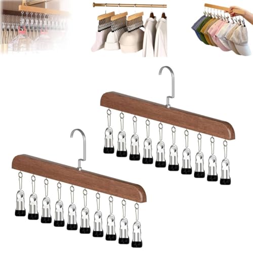 Closet Organizer with 10 Clips, 2PCS Space Saving Hanging Closet Organizer, Space-Saving Hat Scarf Clothespins for Jeans Skirts Socks Leggings Wooden Pant Hangers with Clips(Vintage) - color: 2pc-dark Brown Wood