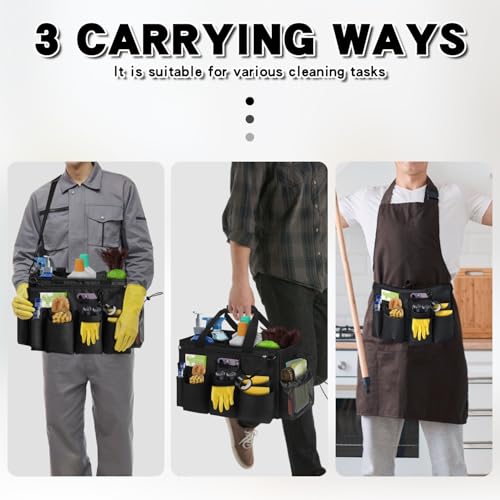 Grekos Wearable Cleaning Caddy Bag, Cleaning Caddy Suppliers Organizer with 4 Foldable Dividers, Handle & Shoulder Straps Cleaning Tool Organizers for Cleaners & Housekeeper (Black) - color: Black