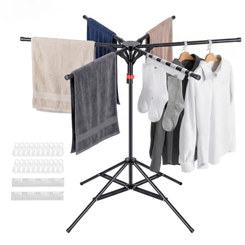 4-Leg Clothes Drying Rack with 6 Adjustable Poles, 20 Windproof Hooks and 2 Sock Clips Foldable Laundry Drying Rack, Space-Saving Indoor/Outdoor Clothes No-Installation Drying Stand, Black