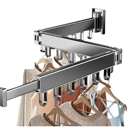 Wall Mounted Foldable Clothes Drying Rack with 18 Hooks, No-Drill, Black - color: Black