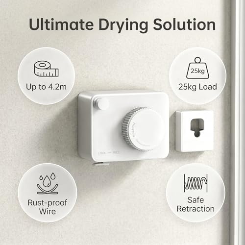 Retractable Clothesline, 14.04 Ft Clothes line Outdoors, Heavy Duty Stainless Steel Clothes Drying Line, Wall Mounted Laundry Line for Indoor, Outdoor, Balcony, Bathroom, Laundry Room