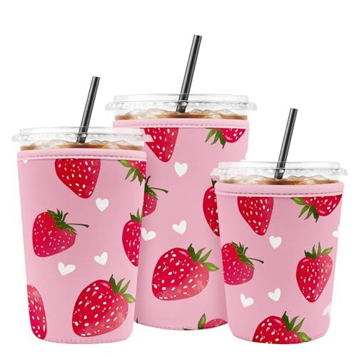 Iced Coffee Sleeve Reusable Neoprene Cup Sleeves, Strawberry - color: Strawberry
