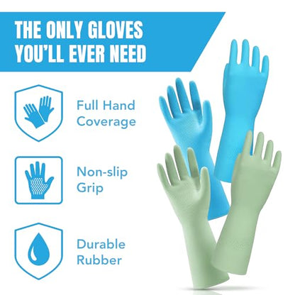 JOR Kitchen Dishwashing Gloves, Durable and Reusable Rubber with Non-Slip Grip, For Household Chores, Multi-purpose Use for Pantry, Bathroom Laundry, Medium, 12-inch Long Cuff, 2 Pairs, Green & Blue