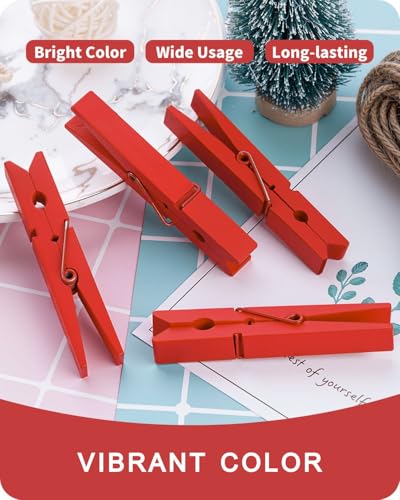 Clothes Pins, Red Colored Wooden Clothespins for Arts and Crafts, Wreath, Strong Grip Close Pins Birchwood Clips Clothespin Clothing Pegs for Hanging Baby Clothing Photos, 2.83 Inch, Pack of 50 - color: Red